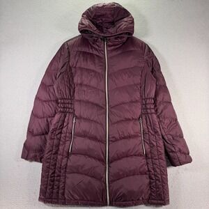 Lucky Brand Down Puffer Jacket Womens Large‎ Purple Full Zip Hooded Long Comfort